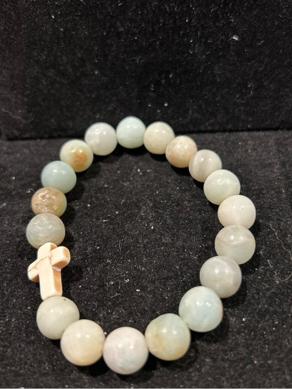 Beaded Cross Stretch Bracelet in Pale Aqua and Cream has druzy